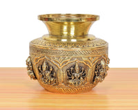 Brass decorative kalash lota, sculpted side figures and etched pattern on body, 5 in
