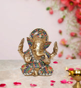 AONA Ganesh brass idol seated with raised hands, colorful gem-inlay for pooja decor
