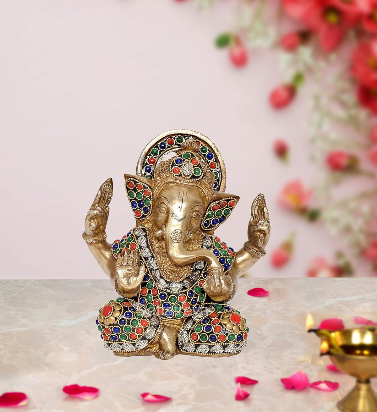 AONA Ganesh brass idol seated with raised hands, colorful gem-inlay for pooja decor