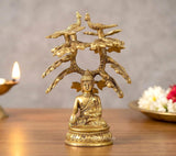 Golden brass Buddha tree idol, seated Buddha with birds on ornate branch frame