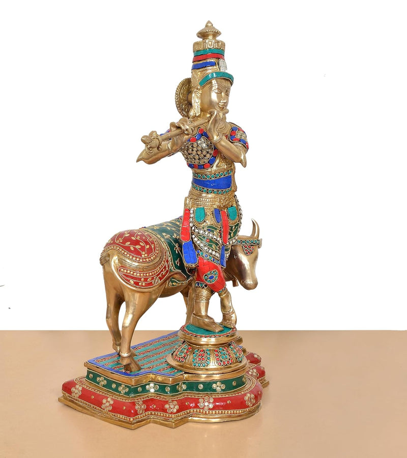 Brass Lord Krishna with Cow Idol (Height 25 Inch)