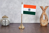Brass Indian tabletop flag with tri-color cloth on gold base stand