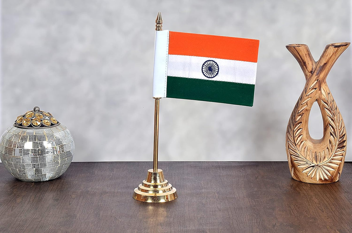 Brass Indian tabletop flag with tri-color cloth on gold base stand