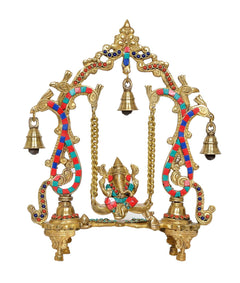 Decorative Ganesha jhula swing idol with brass frame, chains, and hanging bells