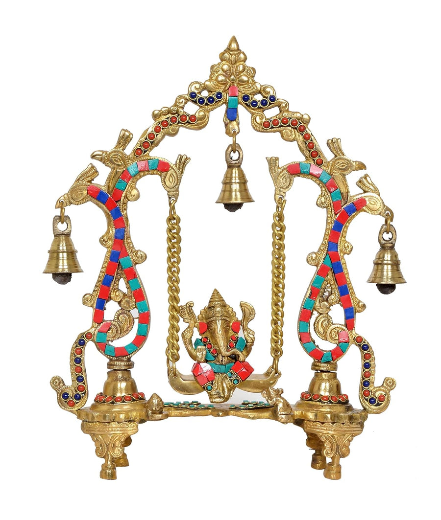 Brass Ganesha Playing On Swing Ganesha Jhula Decorative Showpiece Multicolour for Home Decor Mandir Pooja Temple (Height 14 Inch) Craft Detail