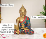 AONA brass Buddha statue, multicolor robe, seated with Bhumisparsha hand mudra