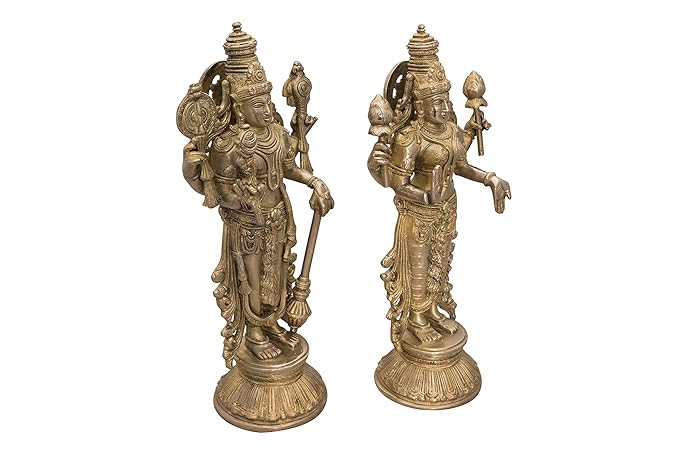 Indian Lord Vishnu with Maa Lakshmi Standing Statue Decorative Showpiece - (Brass, Height 13")