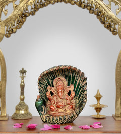 Green shankh shell Ganesha showpiece with painted Lord Ganesha figure, front view