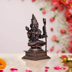 Side view copper-tone seated deity sculpture with trident and ornate crown, on base
