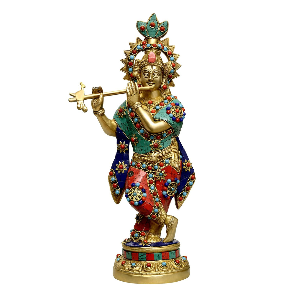 Krishna brass Murli statue, 16in, playing flute in teal red jeweled attire