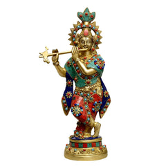 Krishna brass Murli statue, 16in, playing flute in teal red jeweled attire