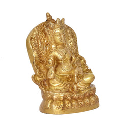 Brass Kubera Kuvera statue, side angle with textured back drapery, antique gold