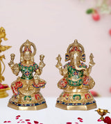 Messing-Laxmi-Ganesh-Statue, goldfarbene Figur mit bunten Schmuck-Details, ca. 11.5 in