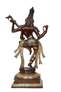 Brass Saraswati statue playing sitar, rear view with circular chest ornament