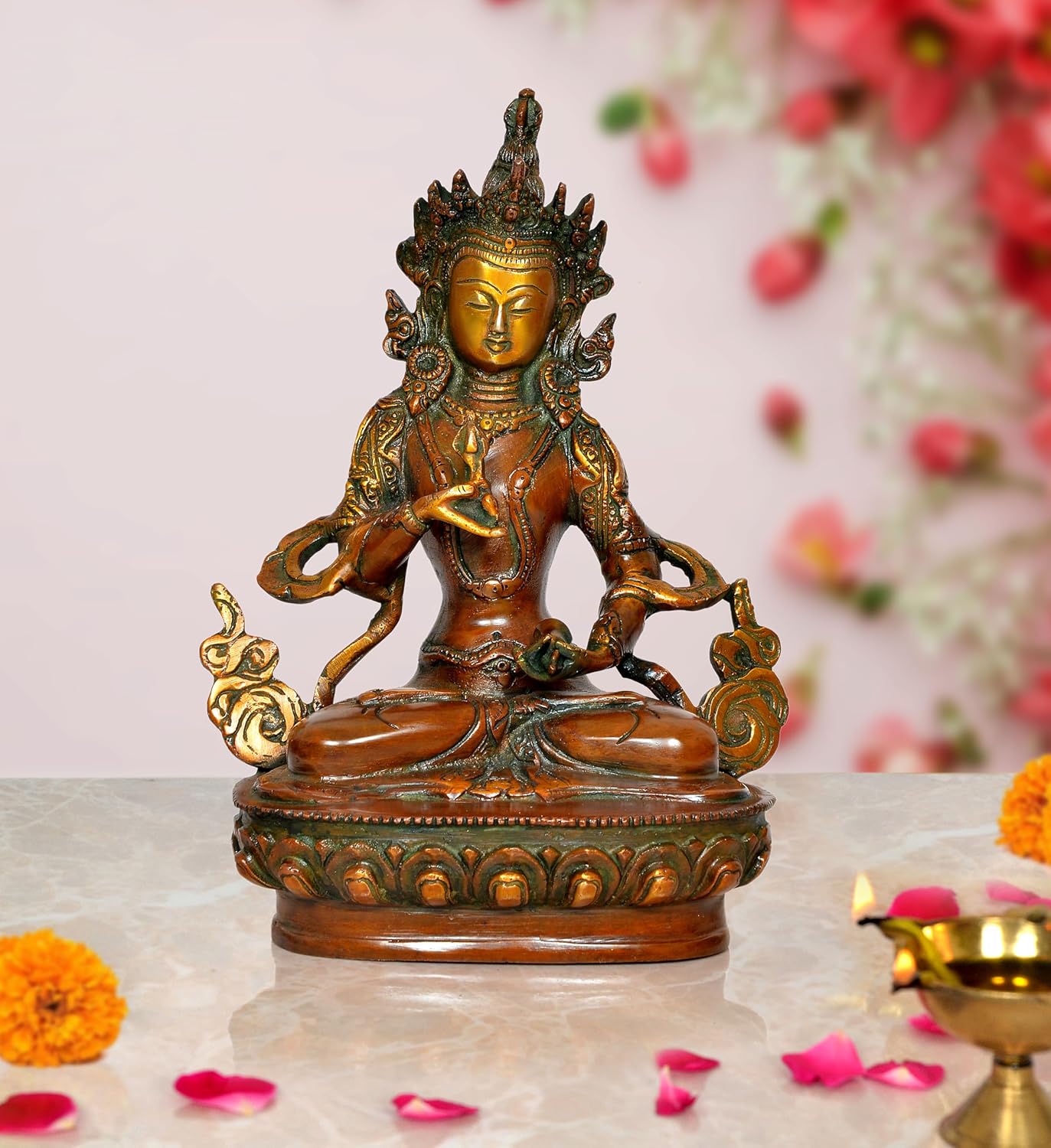 Brass Tara Devi Statue - for Worship, Meditation Spaces, Home Decor, or as a Thoughtful Spiritual Gift. Multicolor (Height 9 Inch)