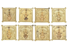 Eight gold-tone square Ashtalakshmi wall hangings with seated goddess and lotus base