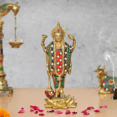 Gold-tone standing Vishnu idol, multicolor inlaid jewels and red forehead gem