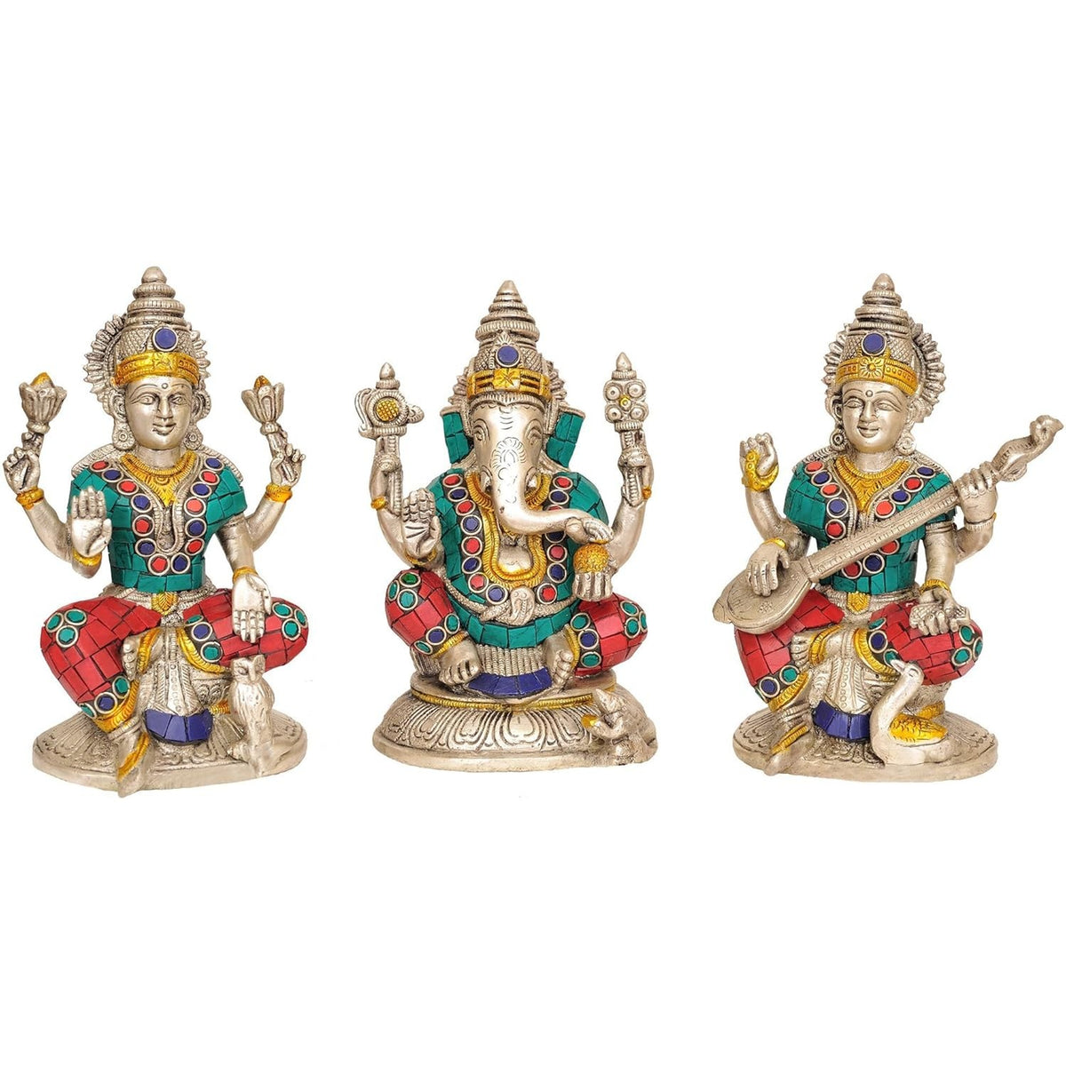 Brass trio idols: Lakshmi, Ganesha & Saraswati, silver tone with turquoise/red inlays