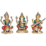 Brass trio idols: Lakshmi, Ganesha & Saraswati, silver tone with turquoise/red inlays