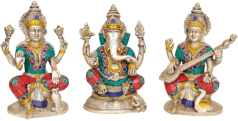Brass Set of Threw Lakshmi, Ganesha, Saraswati idols in silver (Height: 6 Inches)