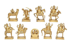 AONA Brass Navagraha nine-deity sculpture set, view of nine statues on separate bases