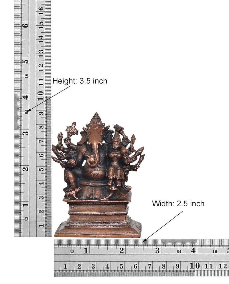 Copper Lord Ganesha  Seated with Riddhi Idol Statue (Height 3.5 Inch)