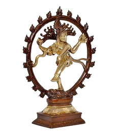 Brass Nataraj idol of Lord Shiva, angled view with decorative halo ring
