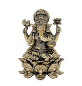 Front view brass Ganesha statue with raised hands, jeweled crown, and lotus base