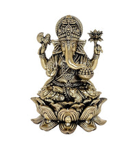 Front view brass Ganesha statue with raised hands, jeweled crown, and lotus base