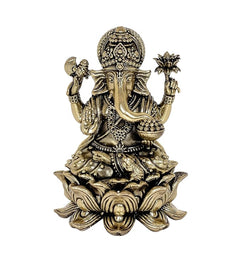Front view brass Ganesha statue with raised hands, jeweled crown, and lotus base
