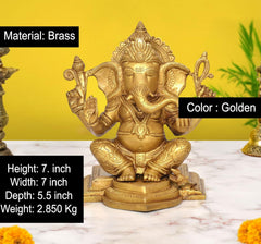 Brass seated Lord Ganesha figurine, golden finish; size shown: 7.5 in
