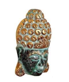 Buddha mask wall hanging, turquoise face with gold patterned head and ornate medallion details