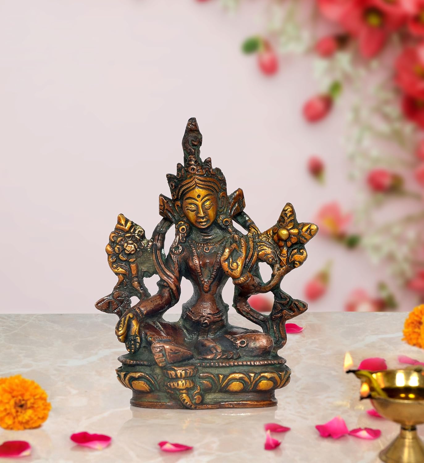 Brass Tara Devi Statue - for Worship, Meditation Spaces, for Home Decor and Office, or as a Thoughtful Spiritual Gift. (Height 4 Inch)