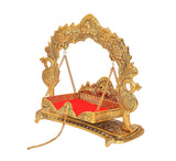 Gold metal Laddu Gopal swing cradle side view with red bed, detailed arch and chains
