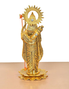 Ram ji metal sculpture back/side view, golden draped attire on lotus pedestal