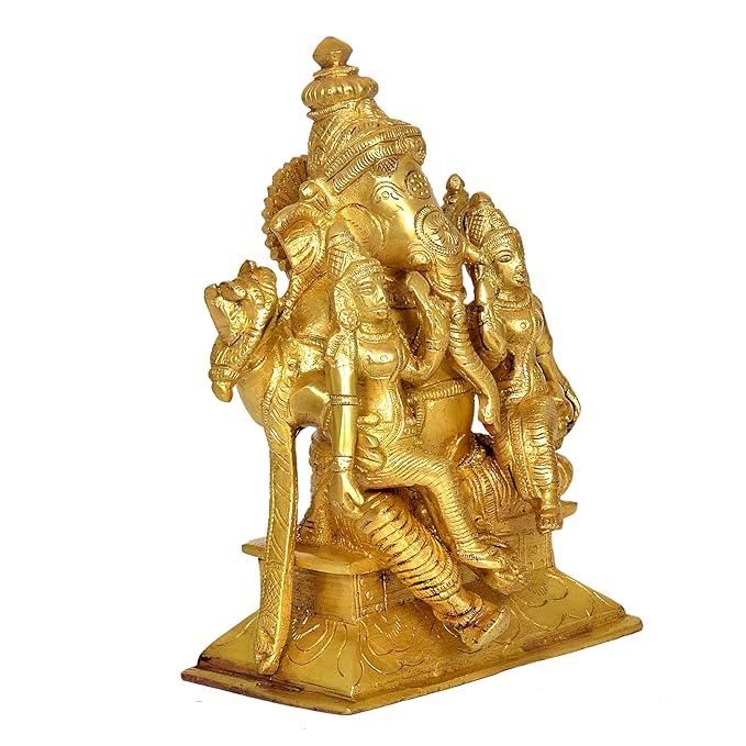 Brass Lord Ganesha with Riddhi Siddhi Idol Statue Murti, Height : 7 inch (Gold)