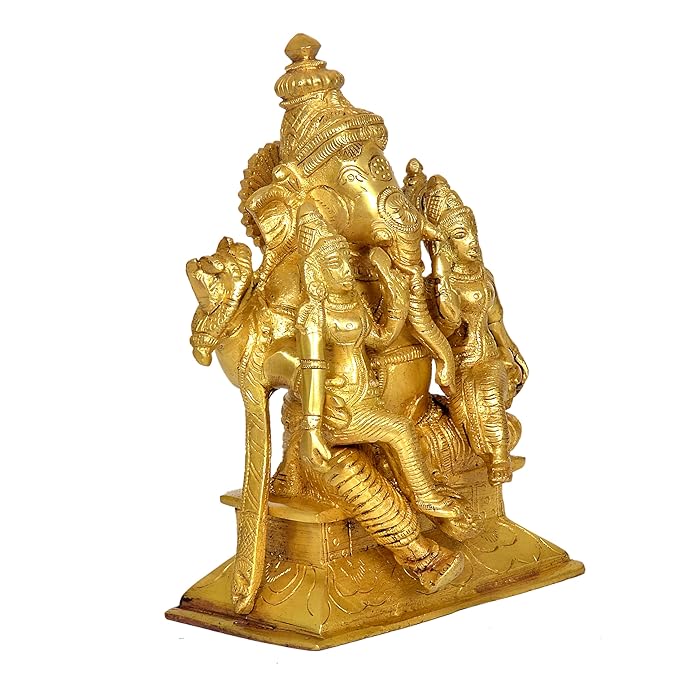 Brass Lord Ganesha with Riddhi Siddhi Idol Statue Murti, Height : 7 inch (Gold)