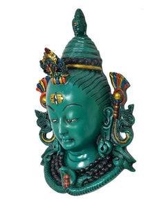 Green resin Shiva head mask statue, angled view with detailed earrings and necklace