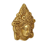 Brass Maa Durga face idol wall hanging, close side view of face and hair curls, gold