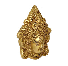 Brass Maa Durga face idol wall hanging, close side view of face and hair curls, gold