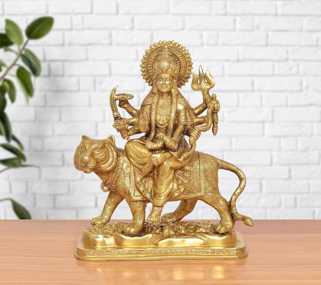 Brass Durga Maa with Lion Statue (Height 10 Inch)