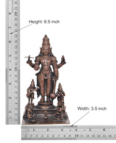 Copper Vishnu idol, height 6.5 in and width 3.5 in, with attendants on base