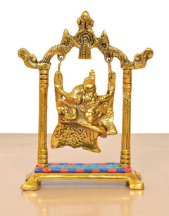 Gold metal Radha Krishna swing idol with platform base and decorative pillars