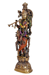 Brass Krishna sculpture, 29 in, brown torso and flute held by golden arms