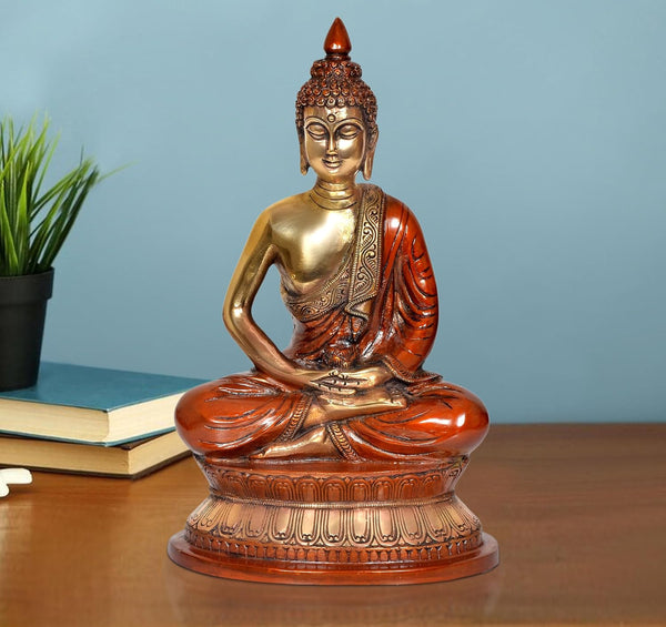 Brass Dhyan Mudra Buddha Statue - Handcrafted Spiritual Decor for Home and Office Decor - Meditating Buddha Idol (Height 12 Inch) (Multicolor)