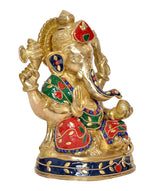 Brass Lord Ganesha idol with red-and-green painted cloth, jeweled accents, seated base