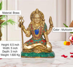 Brass Lord Shiva statue with trident, multicolor jeweled detailing and seated pose