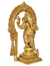 Brass Ganesh statue with detailed drapery, prabhavali arch, profile angle
