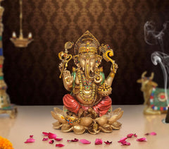 Ganesh Resin statue seated on lotus, multicolor, 6-inch height
