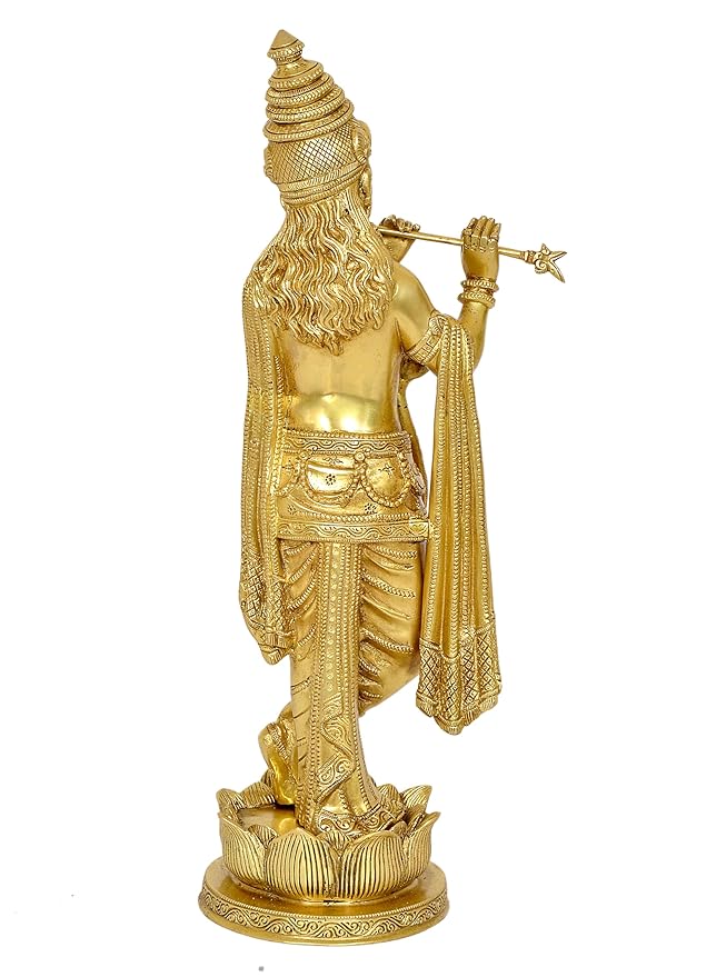 Brass Lord Krishna Idol Figurine Sculpture Playing Flute Statue Decorative Showpiece, (Height 17 Inch)